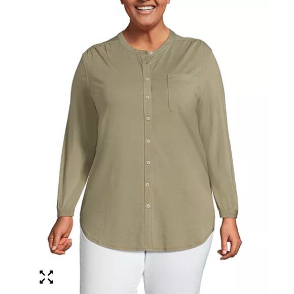 Lands' End Women 1X (16W-18W) Olive Green Long Sleeve Button Down Tunic Shirt - Picture 1 of 15